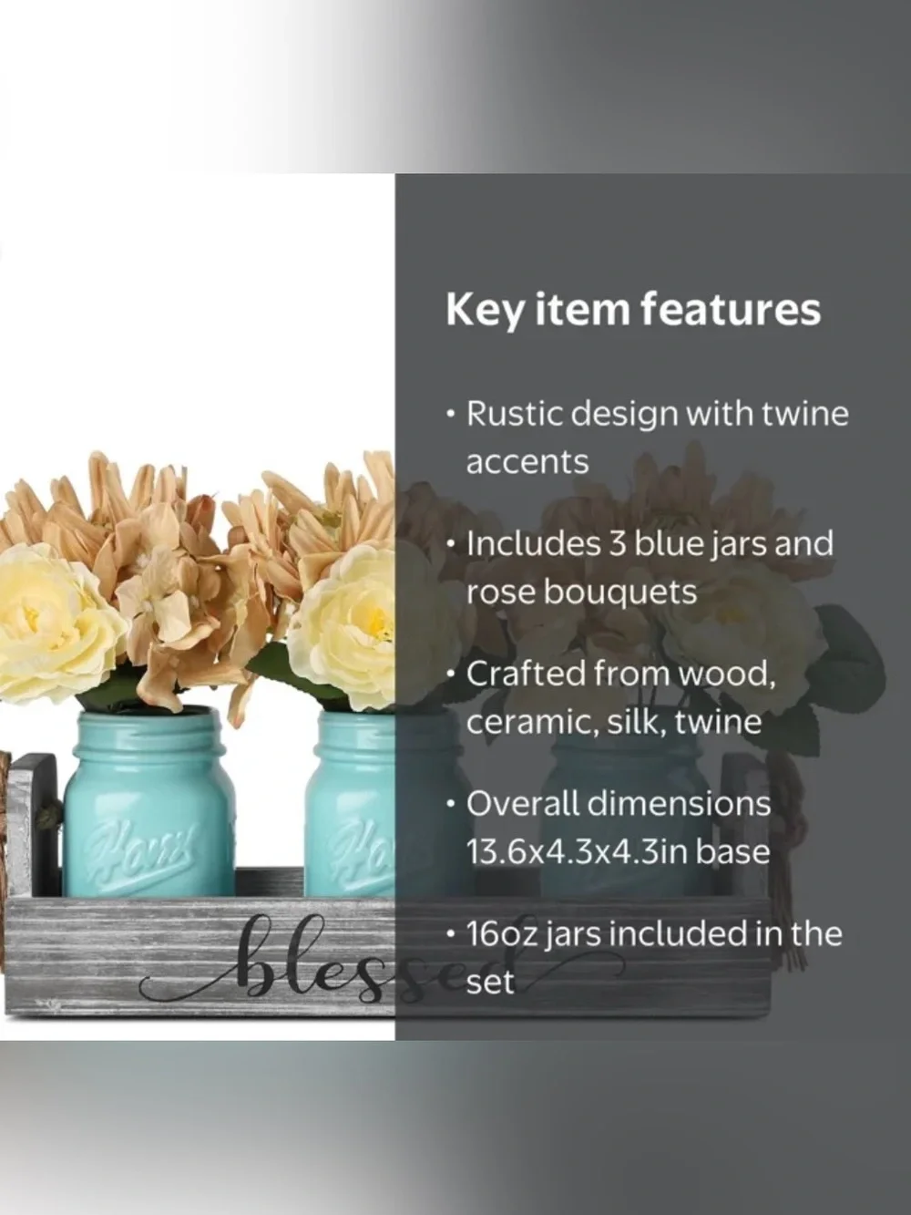 Decorative Blue Mason Jar Flower Arrangement with Cream & Peach Silk Blooms